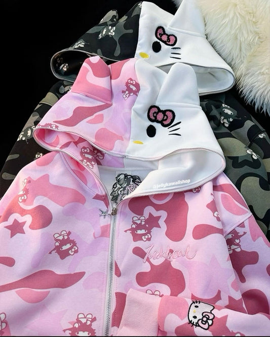 Hello Kitty Camouflage Jacket Oversized Drawstring Zip Up Y2K Hoodie with Pocket