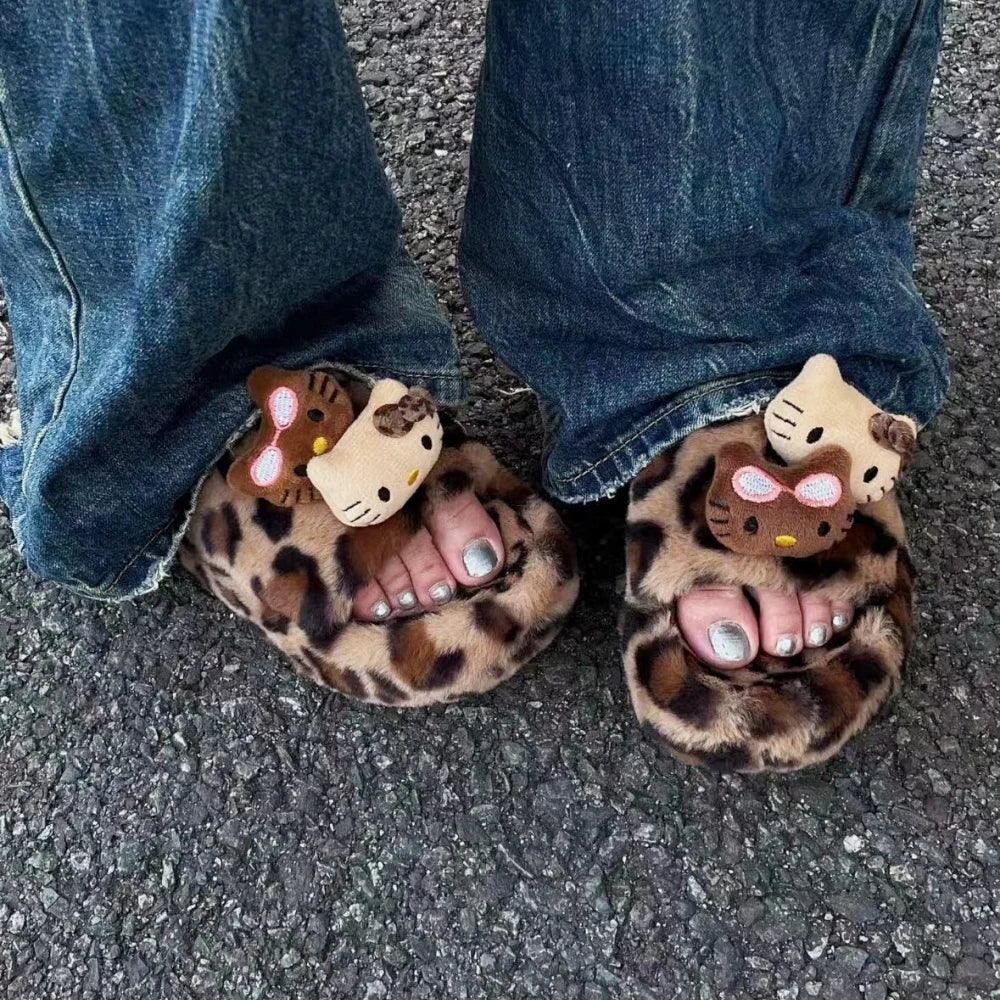 Hello Kitty Leopard Print Plush Slippers