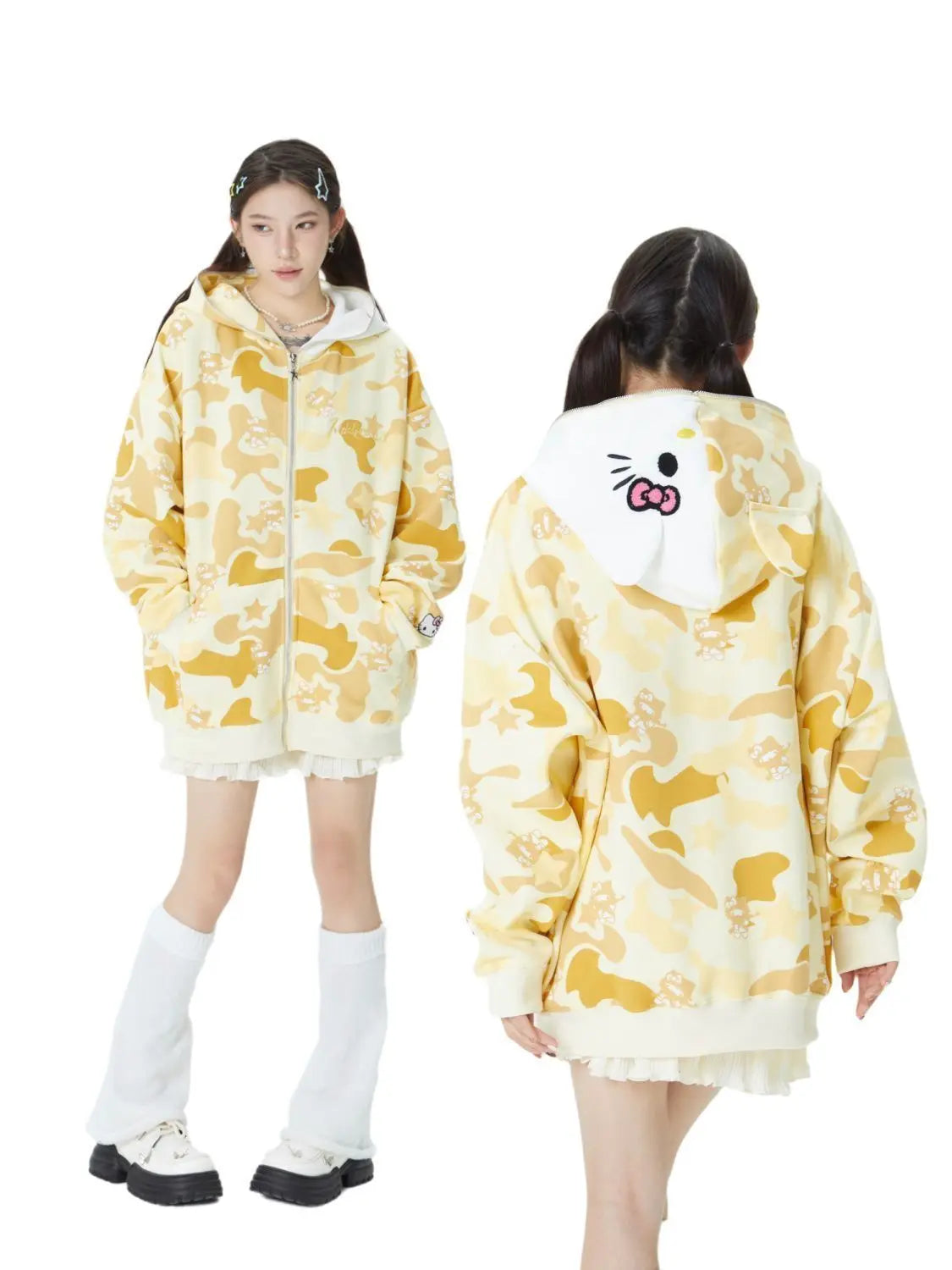 Hello Kitty Camouflage Jacket Oversized Drawstring Zip Up Y2K Hoodie with Pocket