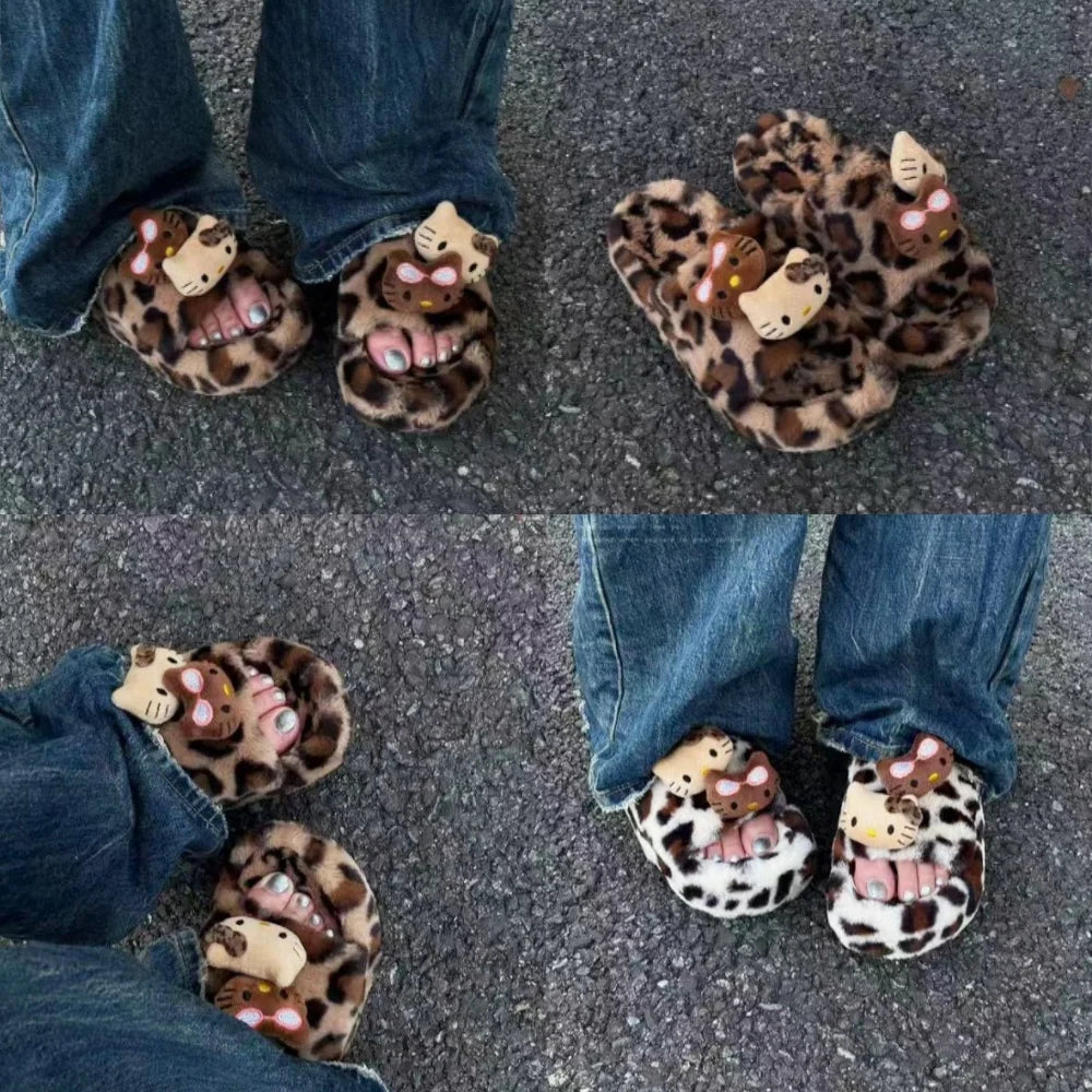 Hello Kitty Leopard Print Plush Slippers