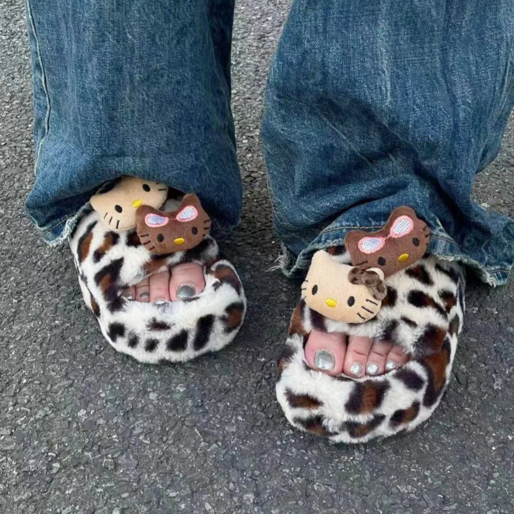 Hello Kitty Leopard Print Plush Slippers