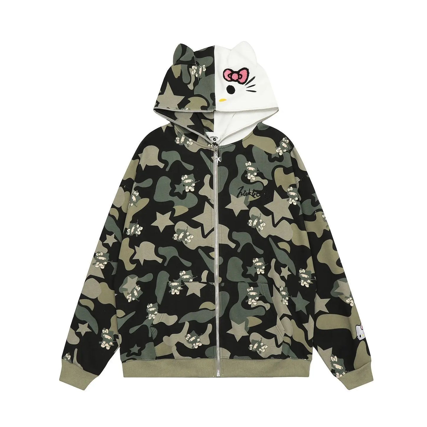 Hello Kitty Camouflage Jacket Oversized Drawstring Zip Up Y2K Hoodie with Pocket