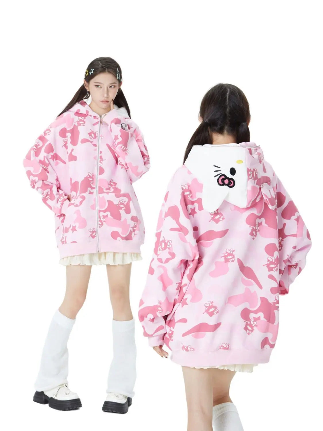 Hello Kitty Camouflage Jacket Oversized Drawstring Zip Up Y2K Hoodie with Pocket