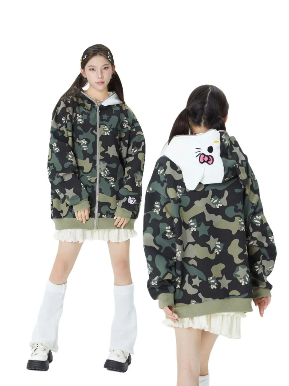 Hello Kitty Camouflage Jacket Oversized Drawstring Zip Up Y2K Hoodie with Pocket